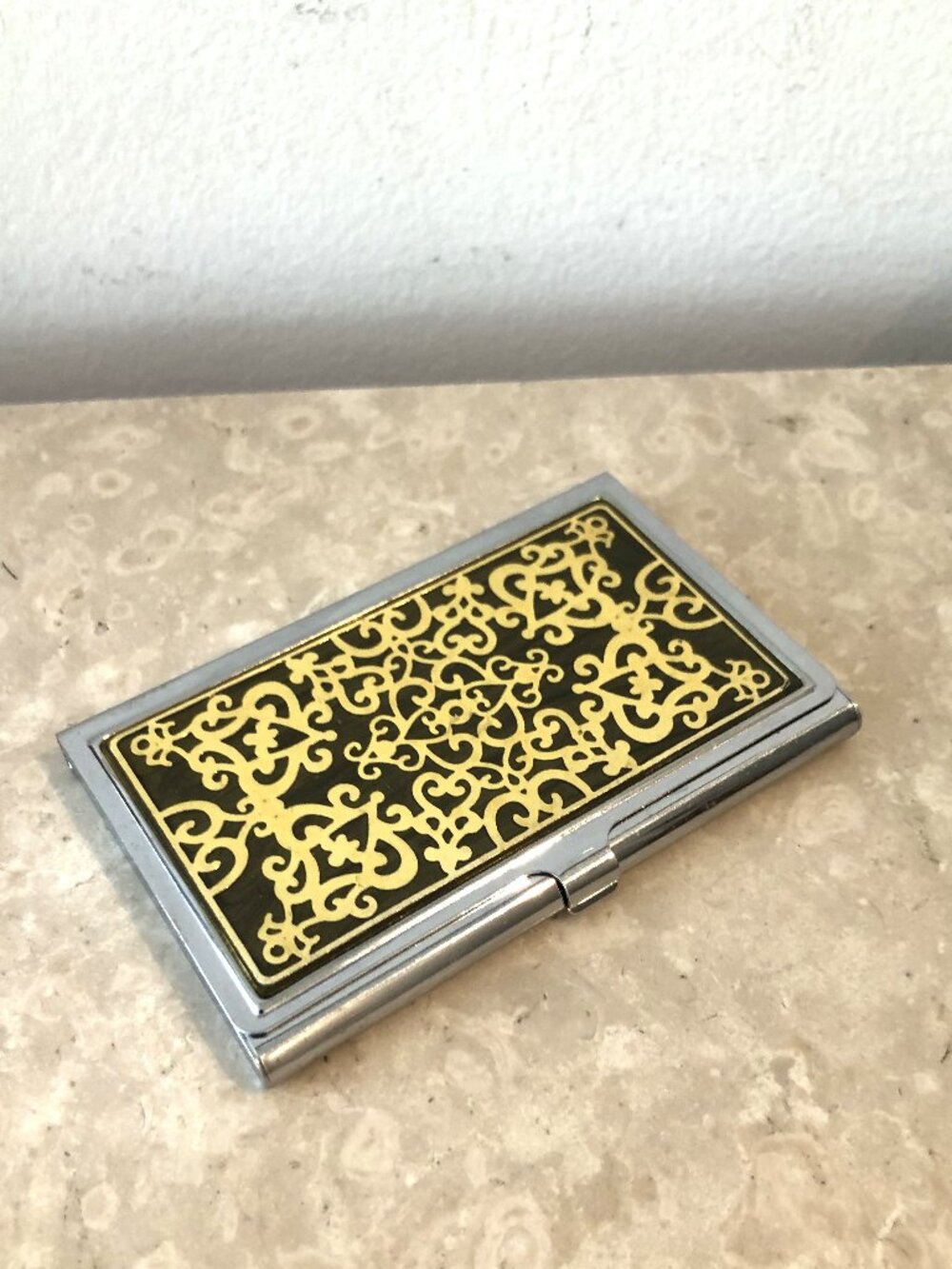 BUSINESS CARD holder - Gold Black Silver Metal Filagree Design Graduation Gift